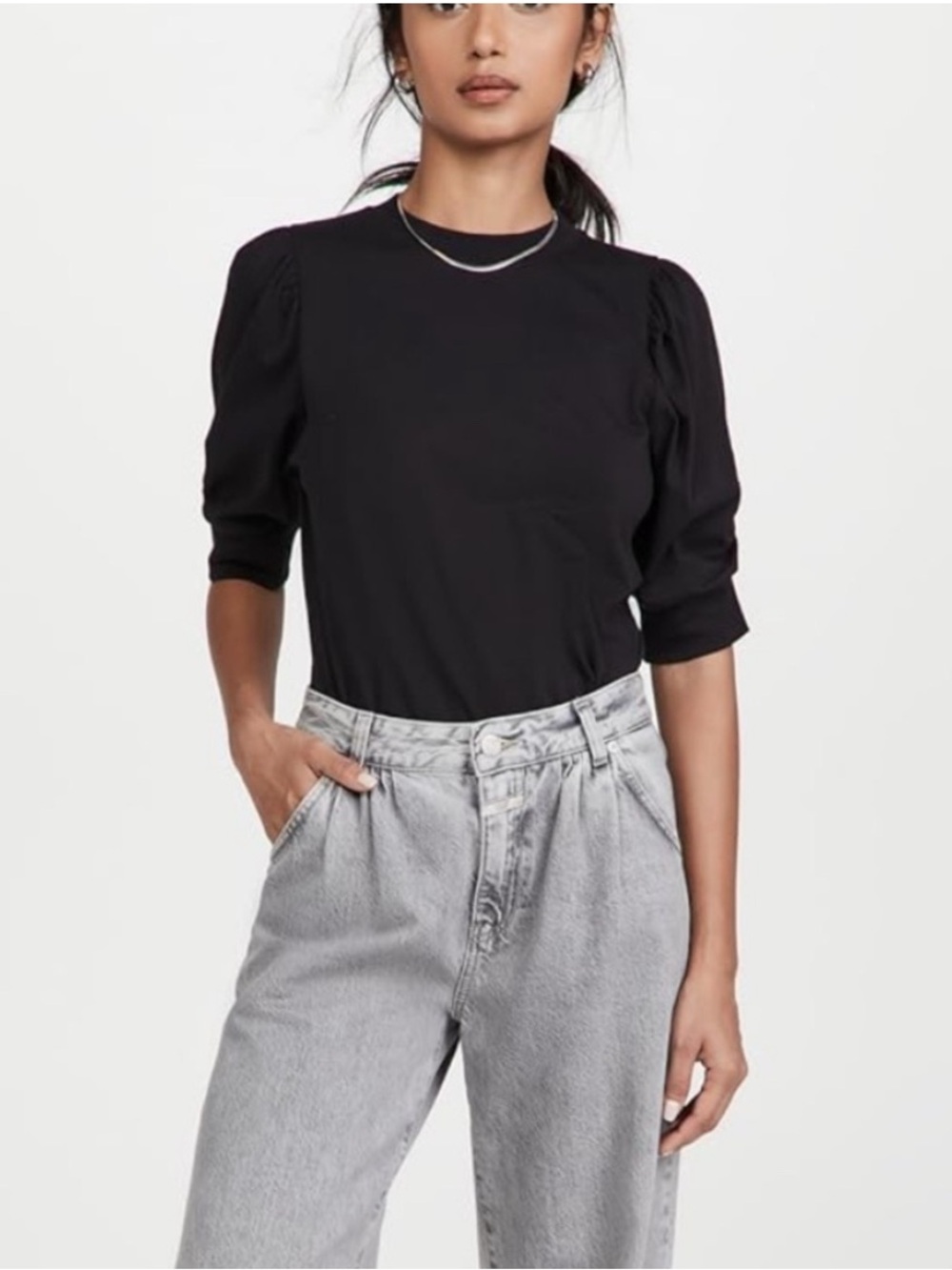 FRAME Pleated Black Puff Short Sleeve Top Blouse Revolve M